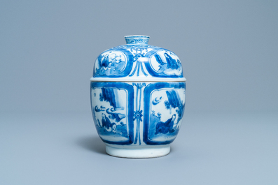 A Chinese blue and white bowl and cover with figurative medallions, Wanli