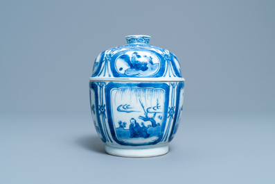A Chinese blue and white bowl and cover with figurative medallions, Wanli