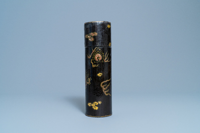 An imperial Chinese cylindrical painted and lacquered wood edict container, 17/18th C.