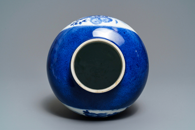 A Chinese blue and white powder blue-ground vase, Kangxi