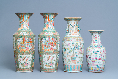 A pair of Chinese Canton famille rose vases and two single vases, 19th C.