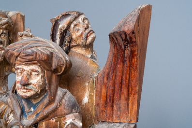Two large polychromed wood 'Crucifixion' retable fragments, probably Brabant, 15/16th C.