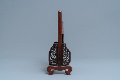 An hexagonal Chinese blue and white tile in wooden table screen, Kangxi and later