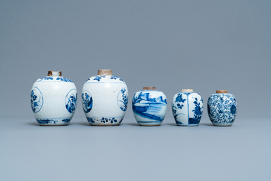 Five Chinese blue and white jars, Kangxi