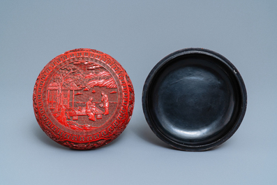 A Chinese red cinnabar lacquer box and cover, 19th C.