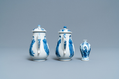 A pair of Chinese blue and white 'Long Eliza' jugs and covers and a miniature vase, Kangxi