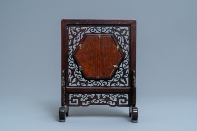 An hexagonal Chinese blue and white tile in wooden table screen, Kangxi and later