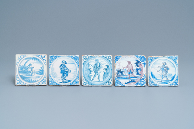Vijftien blauw-witte en mangane tegels naar Delfts voorbeeld, Montpellier, Frankrijk, 17e eeuw