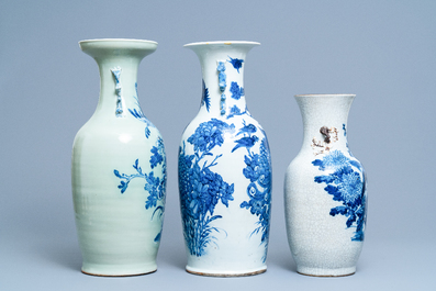Three Chinese blue and white vases with birds among blossoming branches, 19th C.