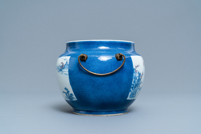 A Chinese blue, white and copper red powder blue-ground bowl, Jiajing mark, Kangxi