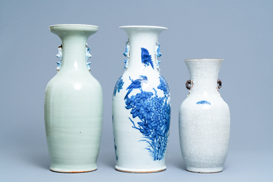 Three Chinese blue and white vases with birds among blossoming branches, 19th C.