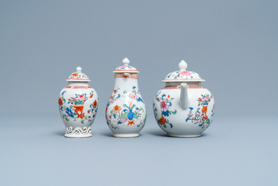 A Chinese famille rose teapot, tea caddy, milk jug and tray, Qianlong