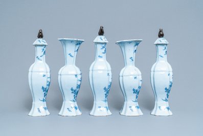 A Dutch Delft blue and white five-piece garniture with floral chinoiserie design, 18th C.