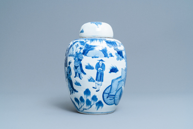 A Chinese blue and white covered jar with figures in a landscape, 19th C.