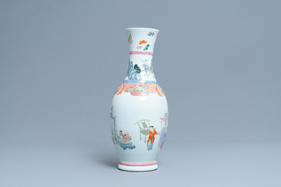 A Chinese famille rose vase with a tattoo scene from 'Jing Zhang Bao Guo', Qianlong mark, 19/20th C.