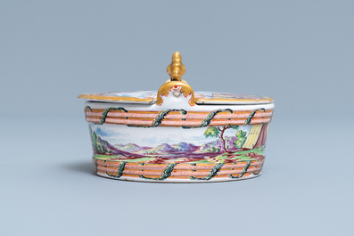 A polychrome petit feu and gilded Dutch Delft butter tub with a view on an encampment, 18th C.