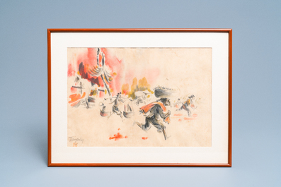 Tu Duyen (Vietnam, 1915-2012), ink and watercolour on silk: 'Palm and napalm', dated 1969