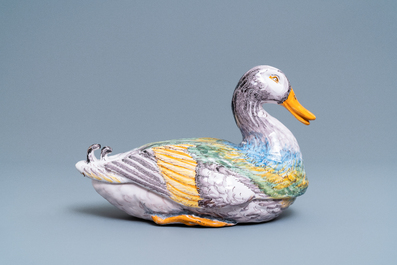 A fine polychrome French faience 'duck' tureen and cover, France, 18th C.