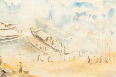 Tu Duyen (Vietnam, 1915-2012), ink and watercolour on silk: 'Harbour scene', dated 1974