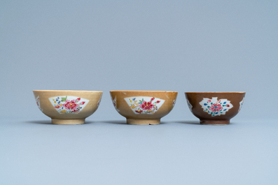 Four Chinese famille rose capucin brown-ground bowls, Qianlong