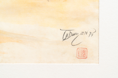 Tu Duyen (Vietnam, 1915-2012), ink and watercolour on silk: 'Harbour scene', dated 1974