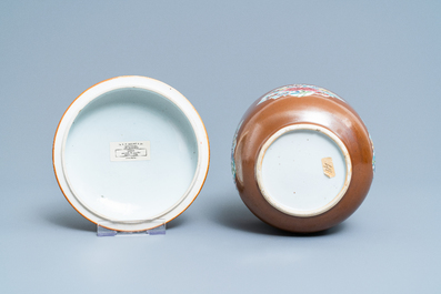 Four Chinese famille rose capucin brown-ground bowls, Qianlong