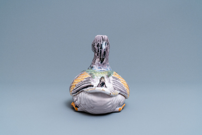 A fine polychrome French faience 'duck' tureen and cover, France, 18th C.