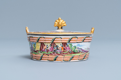 A polychrome petit feu and gilded Dutch Delft butter tub with a view on an encampment, 18th C.