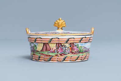 A polychrome petit feu and gilded Dutch Delft butter tub with a view on an encampment, 18th C.