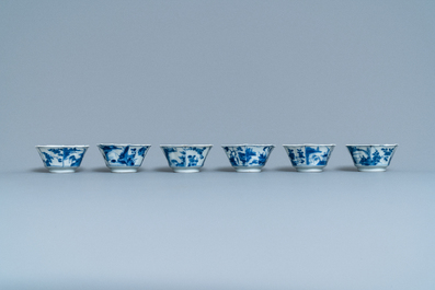 Six Chinese blue and white hexagonal cups and saucers, Kangxi