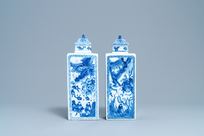 A pair of Chinese blue and white square vases and covers, Kangxi