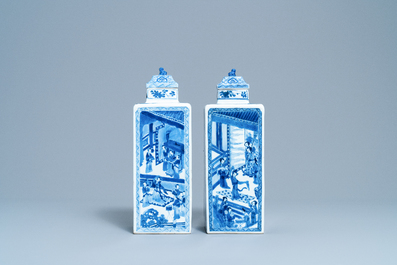 A pair of Chinese blue and white square vases and covers, Kangxi