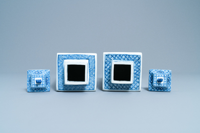 A pair of Chinese blue and white square vases and covers, Kangxi