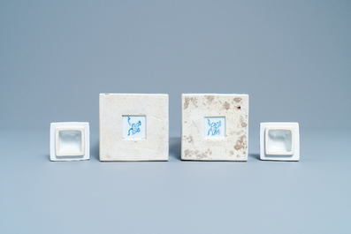 A pair of Chinese blue and white square vases and covers, Kangxi