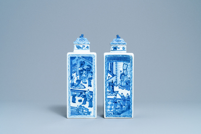 A pair of Chinese blue and white square vases and covers, Kangxi