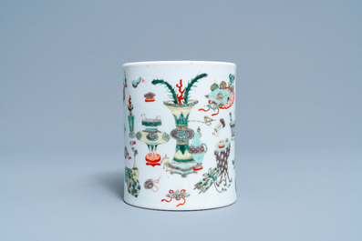 A Chinese famille verte 'antiquities' brush pot, Kangxi