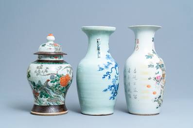 Three Chinese vases in qianjiang cai, celadon-ground and Nanking crackle-glazed porcelain, 19/20th C.