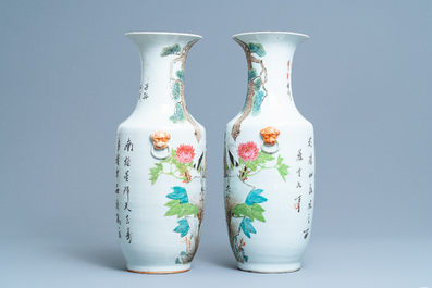 A pair of Chinese qianjiang cai 'crane and lotus flowers' vases, 19/20th C.