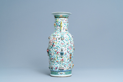 A Chinese relief-moulded famille rose 'antiquities' vase, 19th C.
