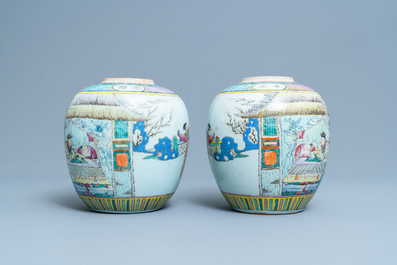 A pair of Chinese famille rose jars with narrative scenes, 19/20th C.