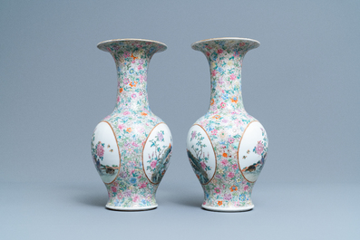 A pair of Chinese famille rose 'millefleurs' vases, Qianlong mark, Republic