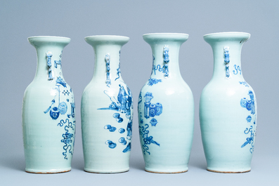 Vier Chinese vazen met blauw-wit decor op celadon fondkleur, 19e eeuw
