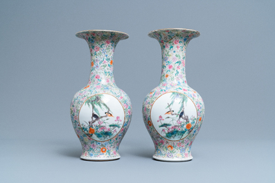 A pair of Chinese famille rose 'millefleurs' vases, Qianlong mark, Republic