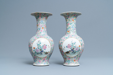 A pair of Chinese famille rose 'millefleurs' vases, Qianlong mark, Republic