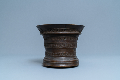 A large Flemish bronze mortar dated 1604 and inscribed Lille