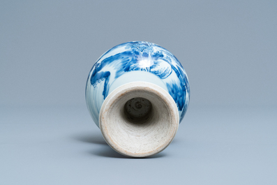 A Chinese blue and white stem cup with a continuous landscape scene, Kangxi/Yongzheng