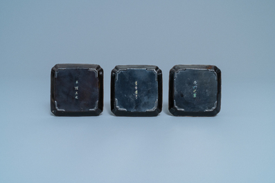 Three square Chinese lac burgaut&eacute; saucers, marked, Kangxi