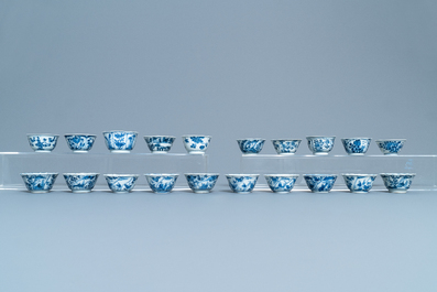 Twenty Chinese blue and white cups and twenty-four saucers, Kangxi