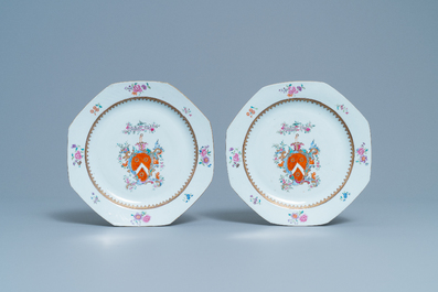 A pair of Chinese armorial 'Aberdeen' plates, a grisaille saucer and a 'sailor's farewell' saucer, Qianlong