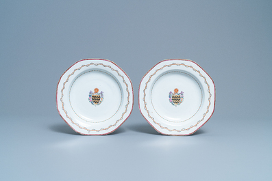 A pair of Chinese English market armorial plates and one for the Dutch market, Qianlong